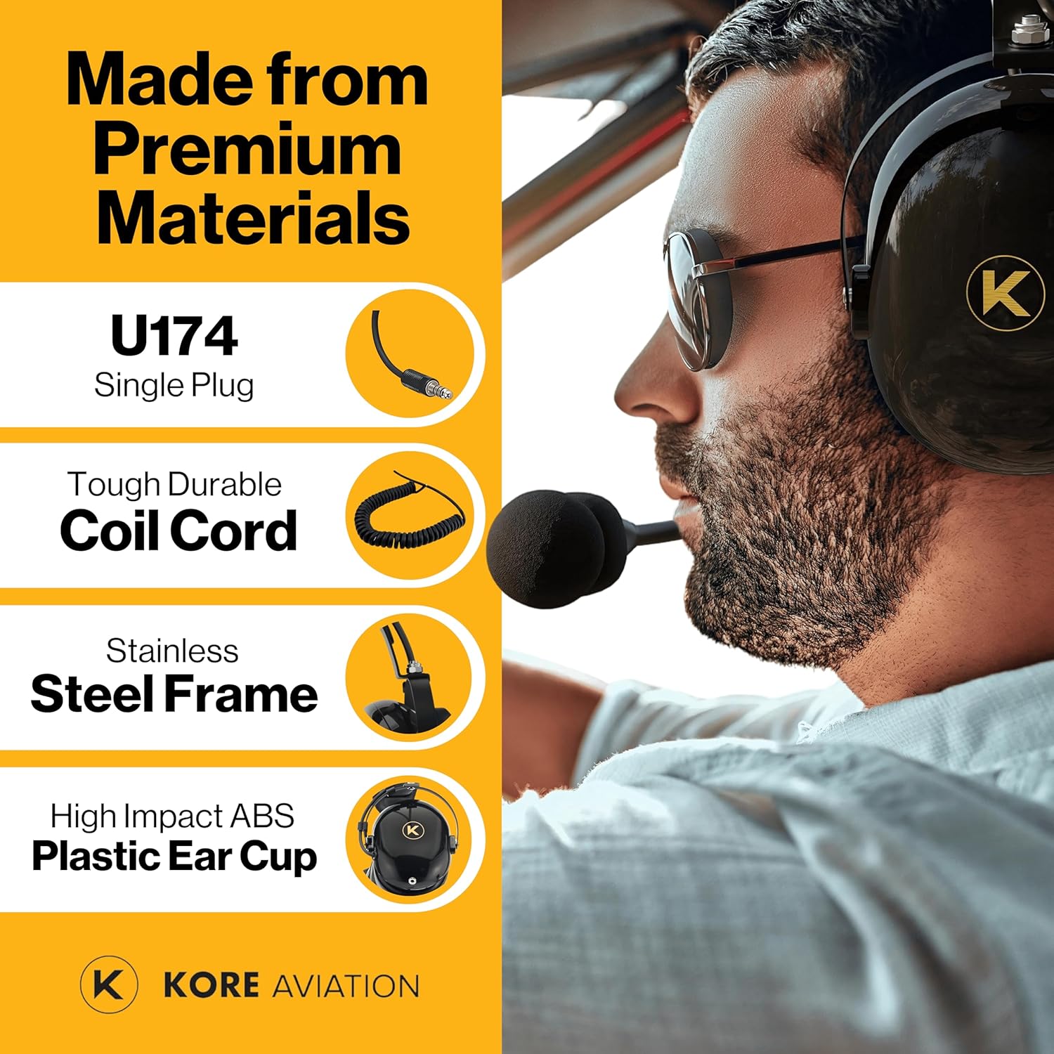 KORE H1 Helicopter Pilot Headset (Mono) with Headset Bag - U-174