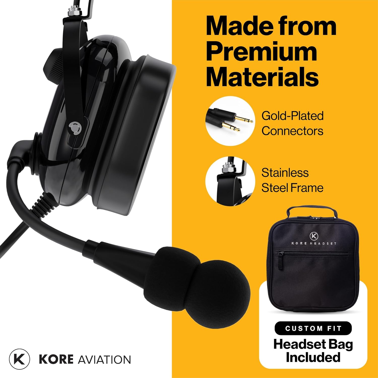 KORE KA-1 General Aviation Headset (Mono & Stereo) with Headset Bag - Dual GA Plugs
